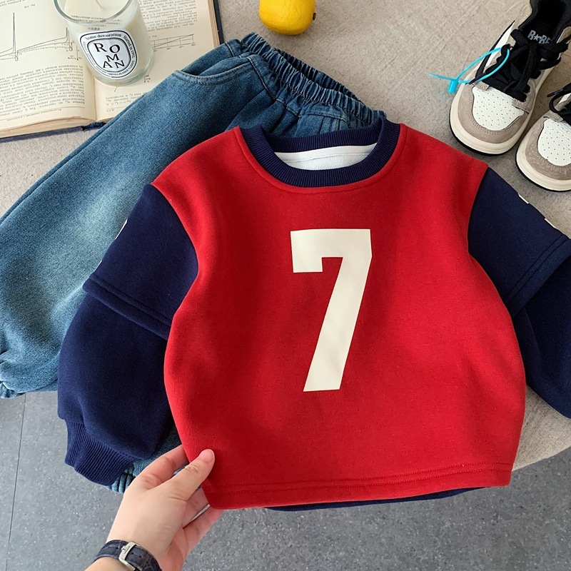 藍紅拼大7 長袖加絨上衣