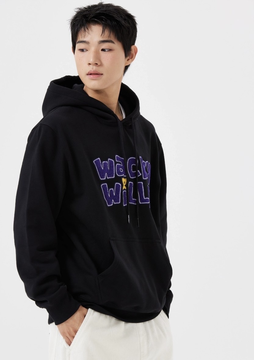 韓國 Wacky Willy 小飛人 抓絨印花刺繡連帽上衣 長袖上衣