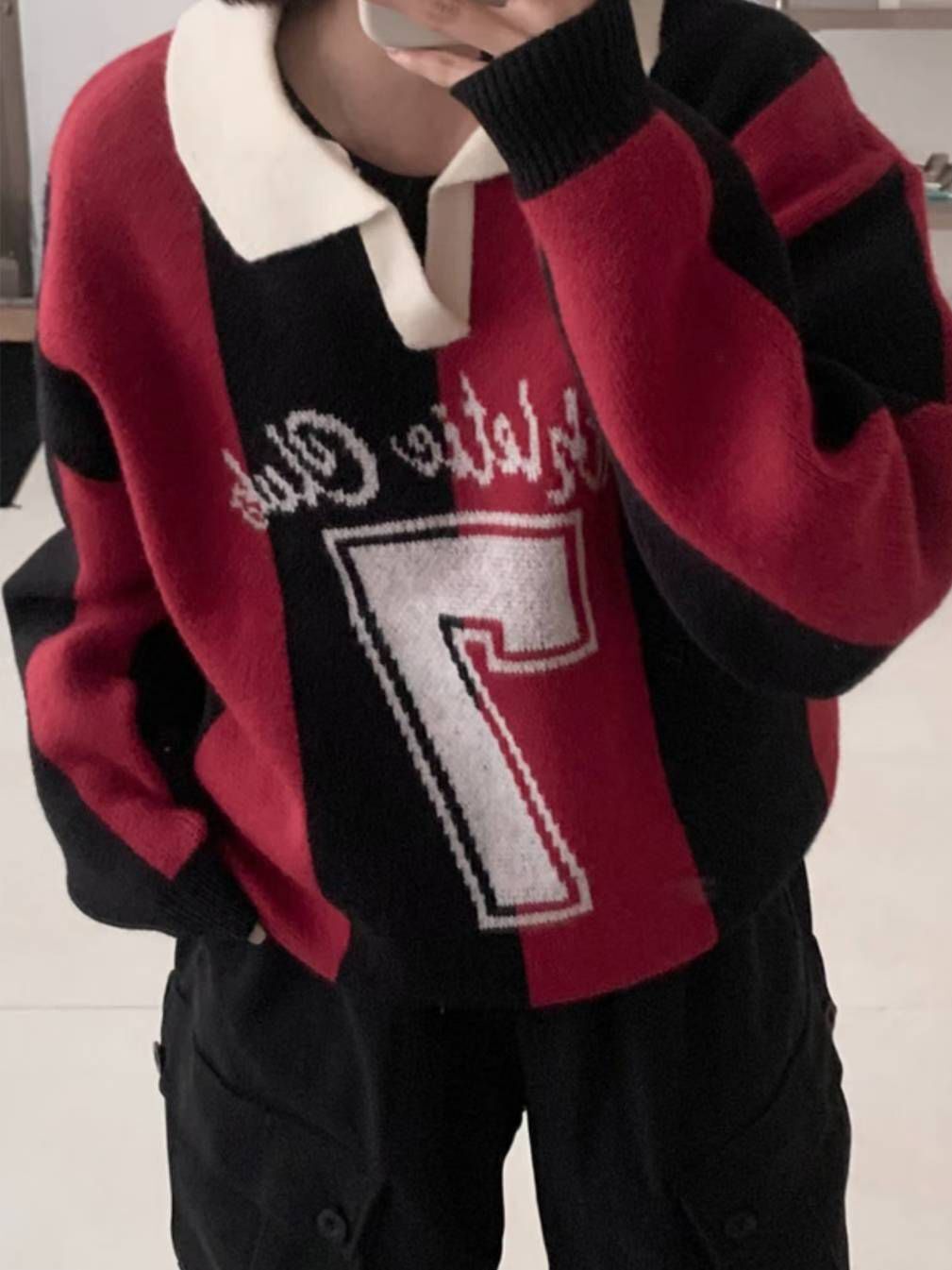 反領英文字針織衫 T5857