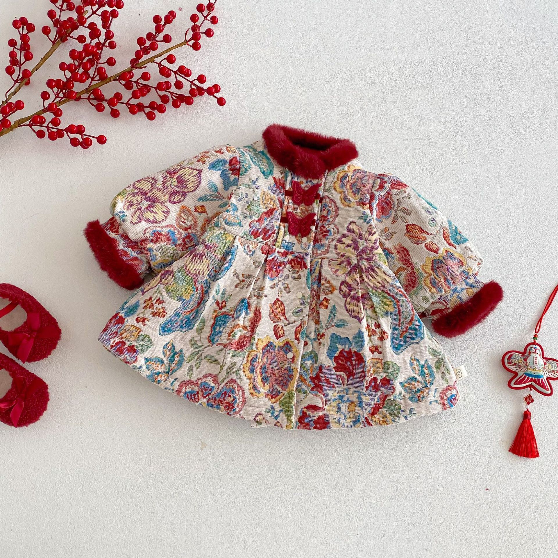 酒紅花宮裳 夾棉外套