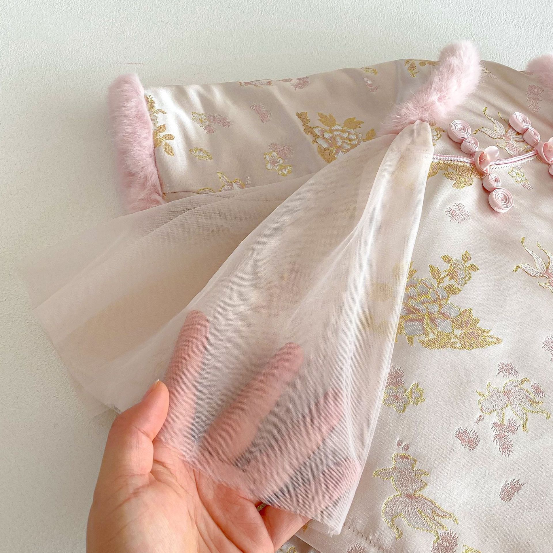 粉金花紗  夾棉連身裙