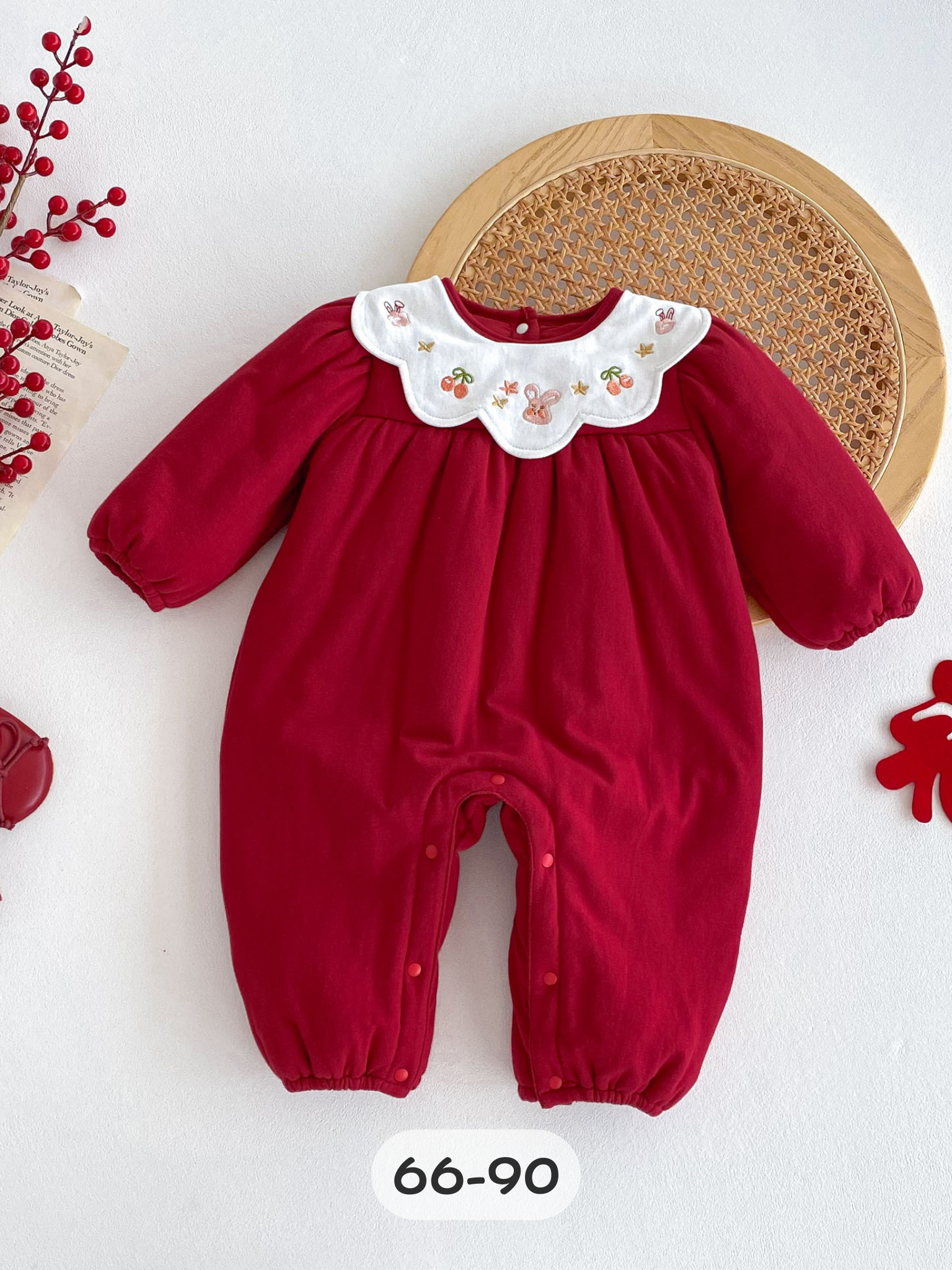 紅色兔兔花邊 長袖夾棉連身衣