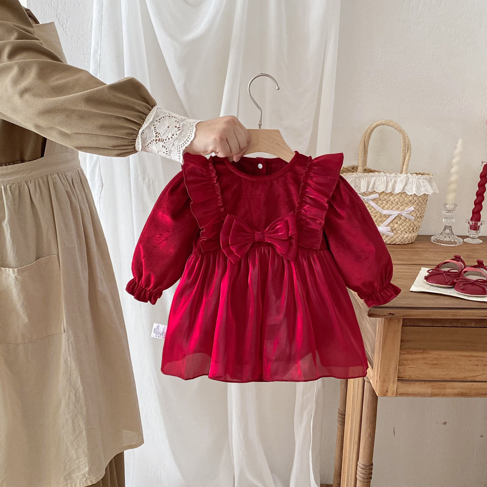 假兩件大紅 長袖連身衣