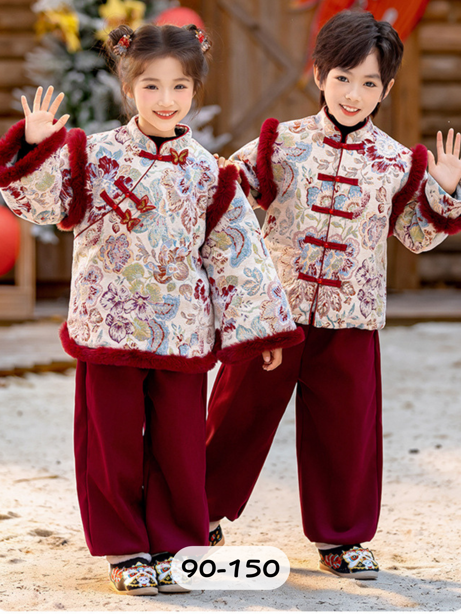 紅絨緹花 中國風長袖套裝2件組