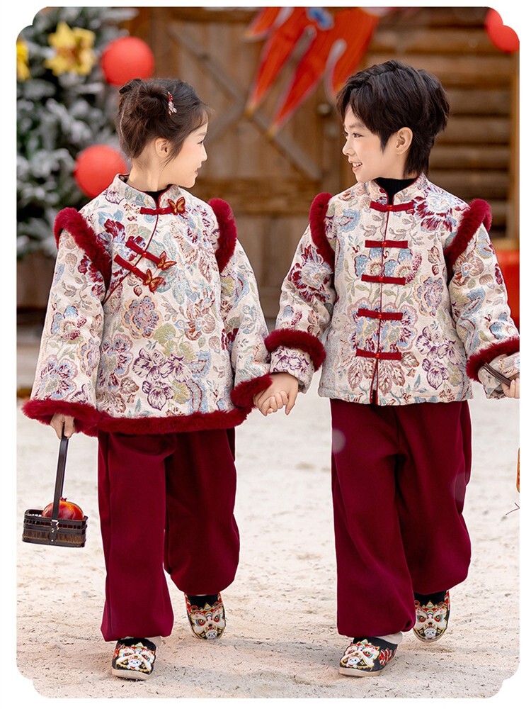 紅絨緹花 中國風長袖套裝2件組