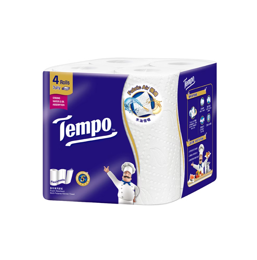 Tempo奢羽｜極吸萬用3層捲筒廚房紙巾 125張*4捲*4串／箱【1箱】