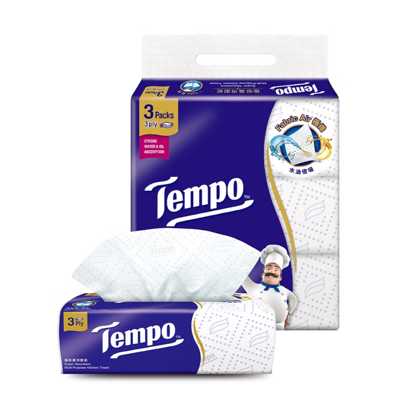 Tempo奢羽｜極吸萬用3層抽取廚房紙巾 60抽*3包*12串／箱【1箱】