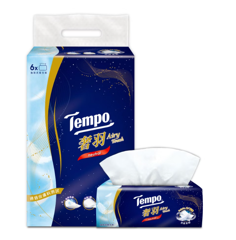 Tempo奢羽｜三層抽取式衛生紙無香 80抽*6包*6串／箱【1箱】