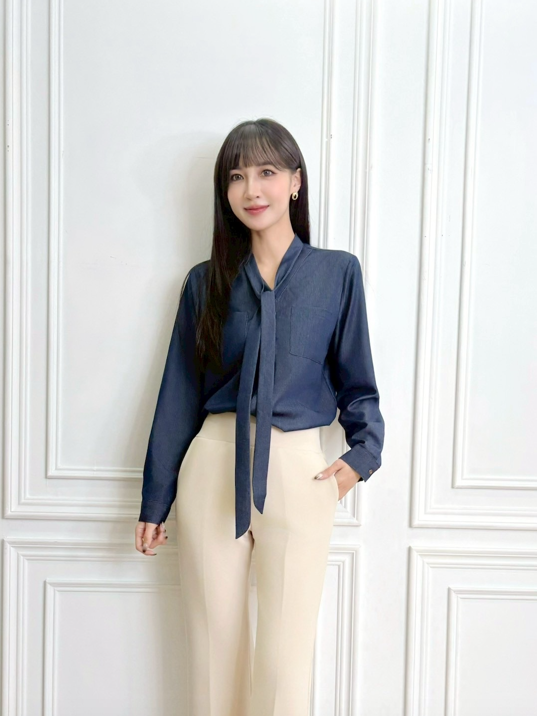 天絲牛仔藍領巾上衣