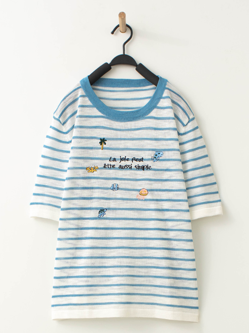 悠閒海洋條紋微透膚針織短袖上衣