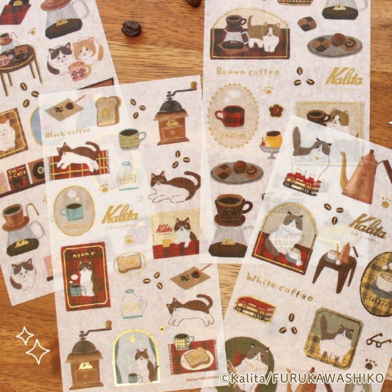 Kalita 限量聯名款 咖啡與小貓 燙金和紙貼紙｜日本古川紙工
