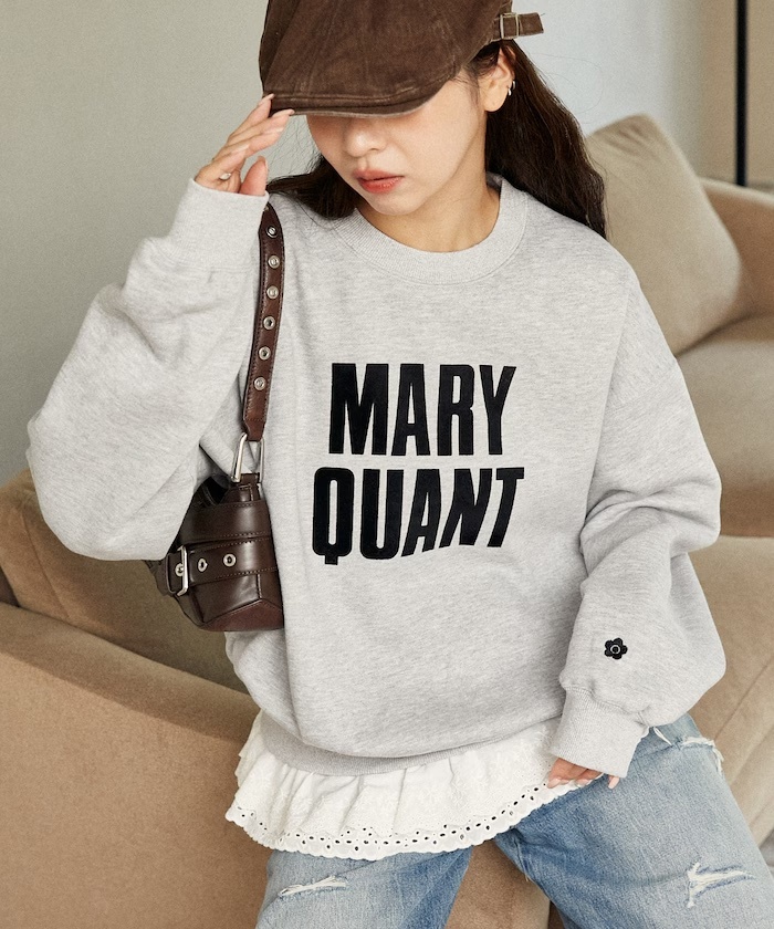 MARY QUANT/  Lace hem, flocked print, fleece-lined sweatshir