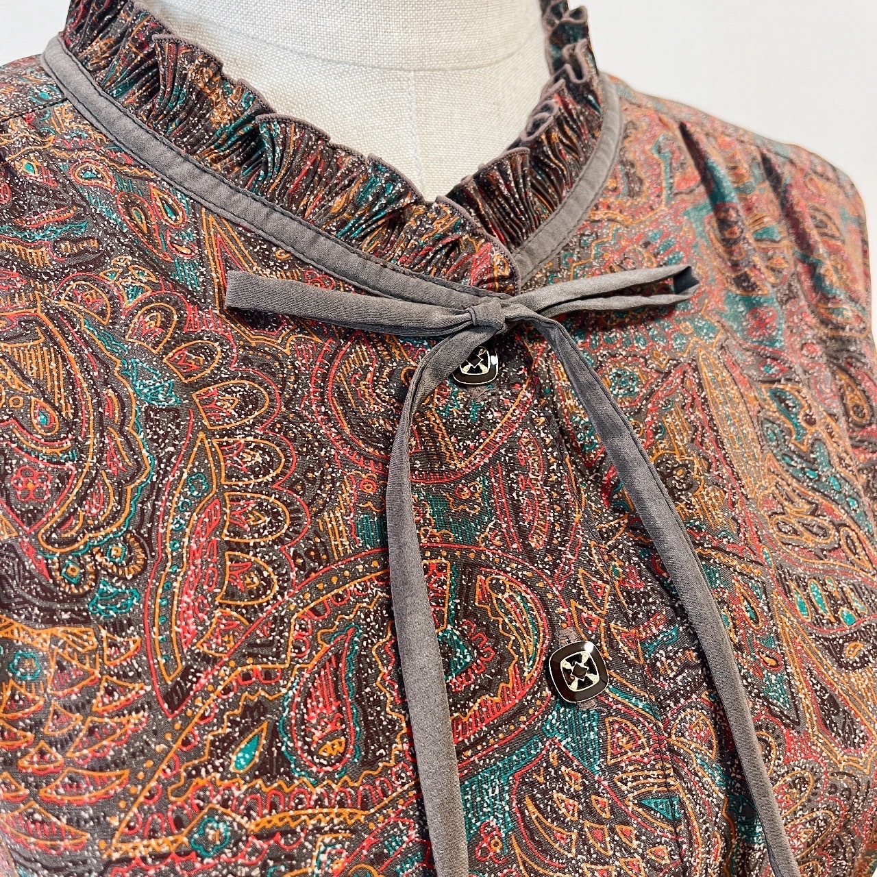 日本製啡色Ruffle領腰果花連身裙