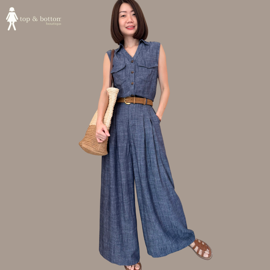 SOFT DENIM BUTTON BLOUSE & PANT SET SUIT