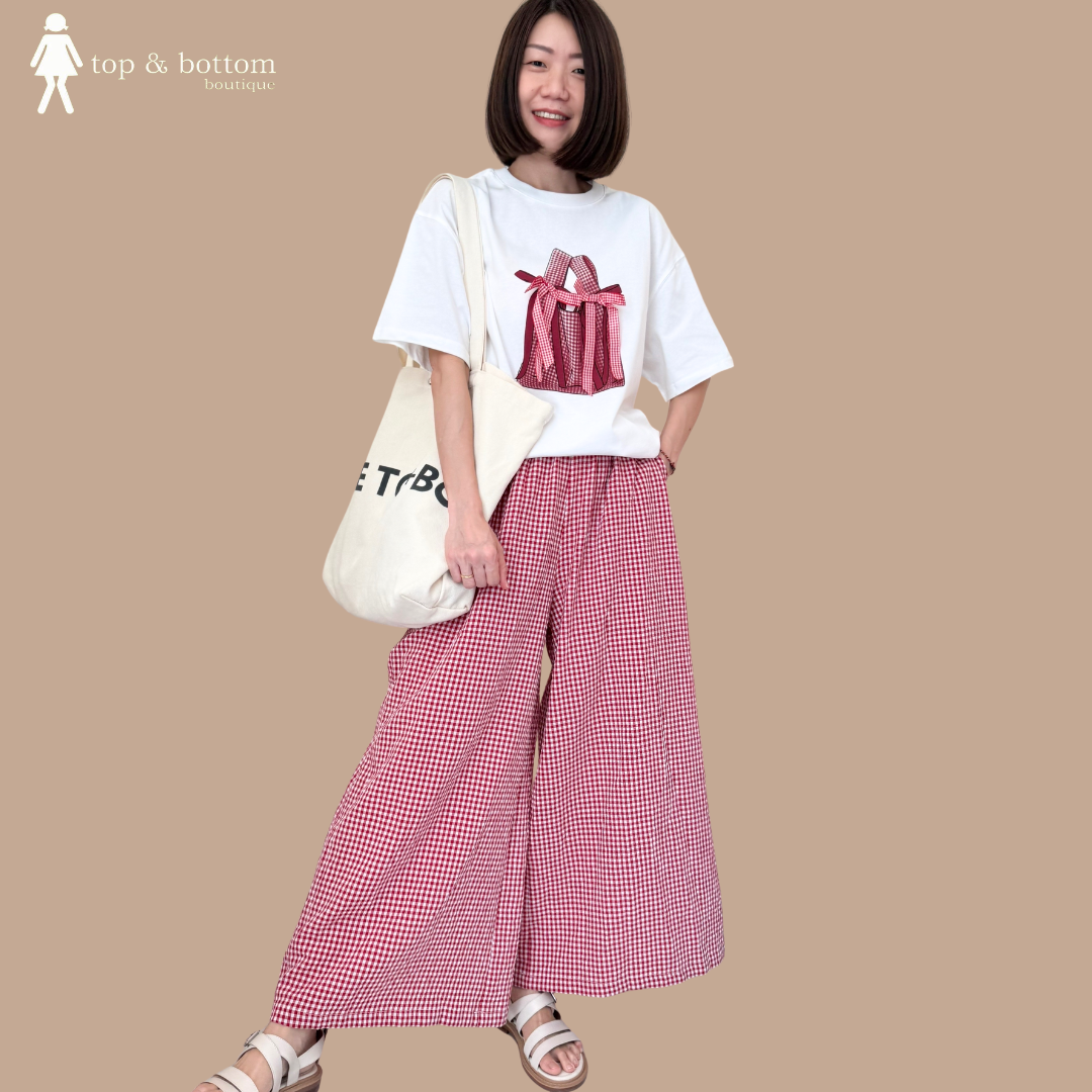 ELASTIC WAISTED CHECKED WIDE LEG PANT