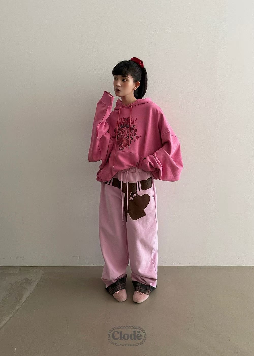 腰帶印圖內加絨保暖長褲