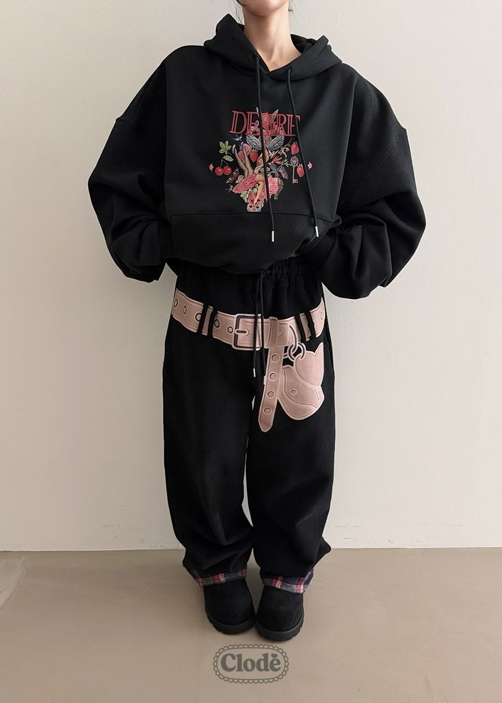 腰帶印圖內加絨保暖長褲