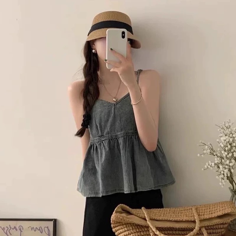 復古牛仔V領荷葉小吊帶 女生上衣