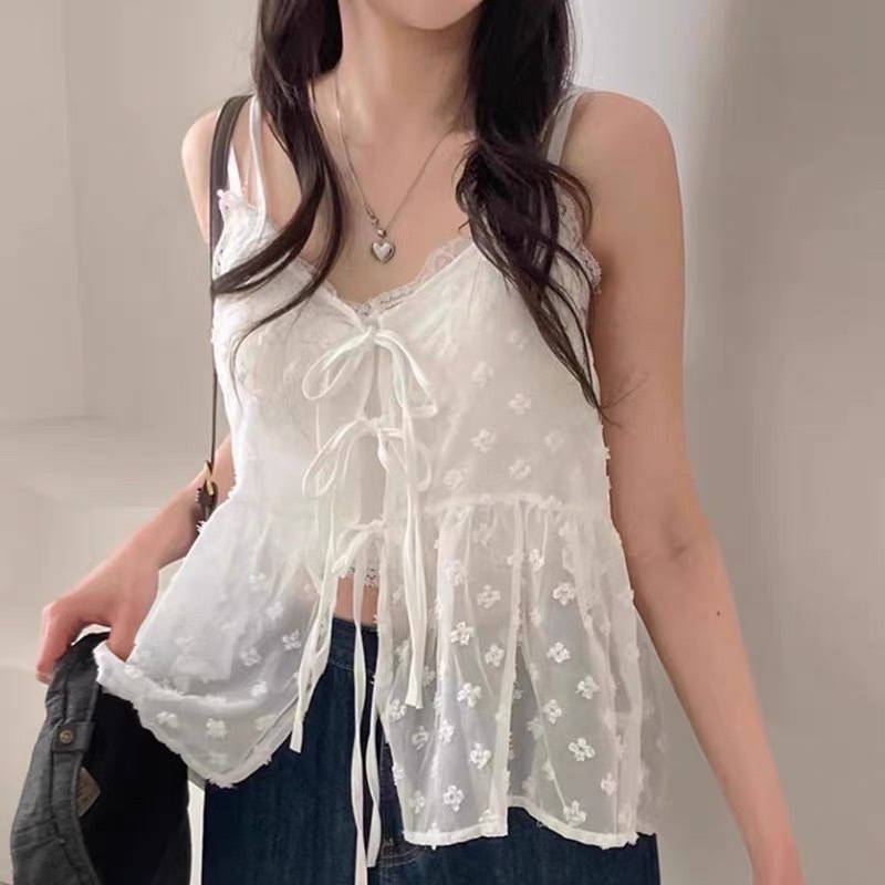 小V領 刺繡小花 綁帶疊穿吊帶上衣 女生上衣