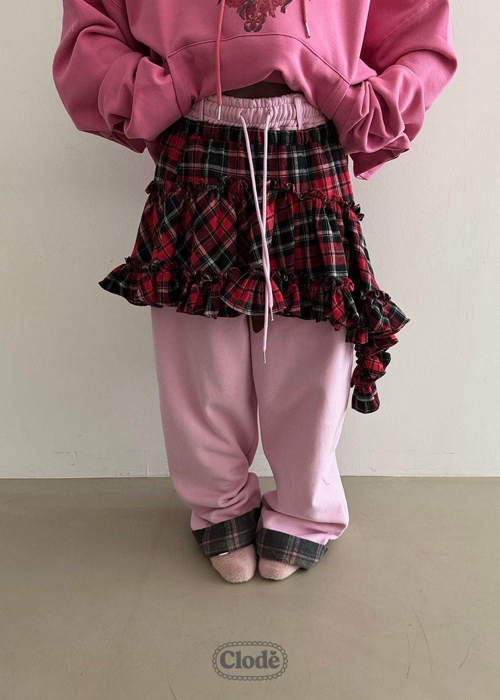 斜掛擺格子短裙