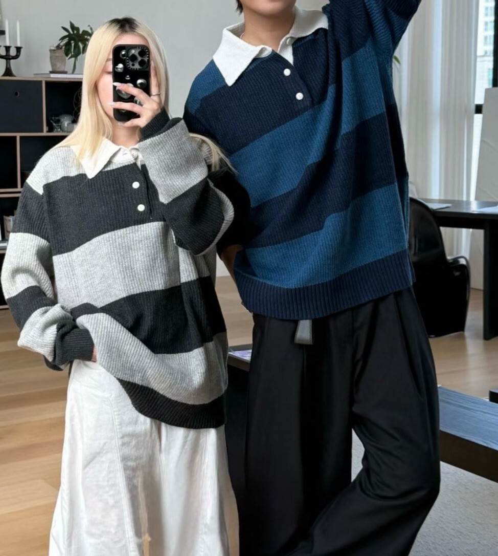 白領開襟橫紋毛衣