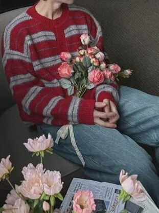 圓領橫條羊毛外套