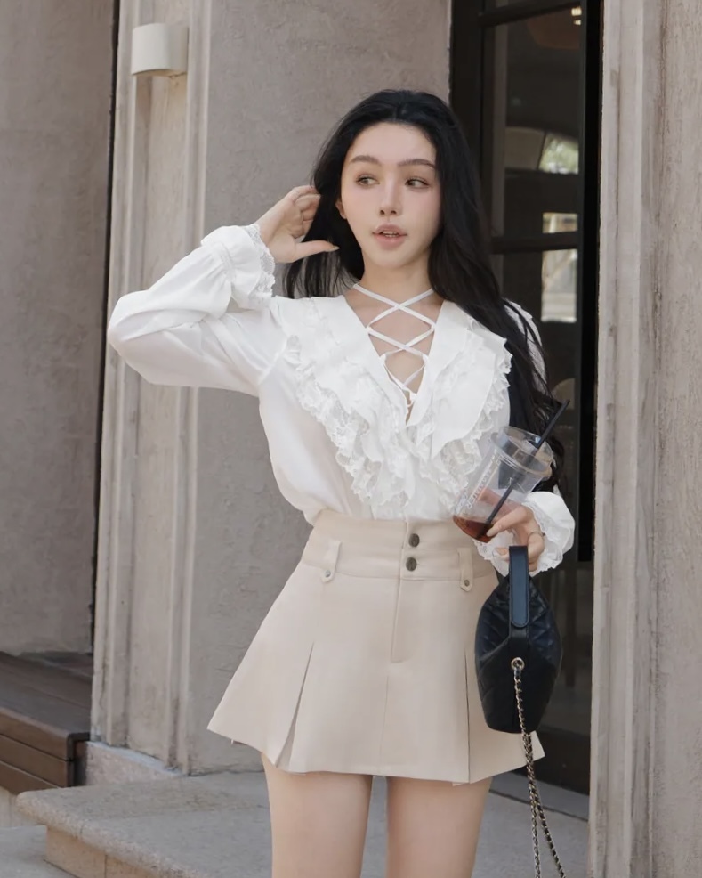 訂製-浪漫多層蕾絲荷葉雪紡襯衫