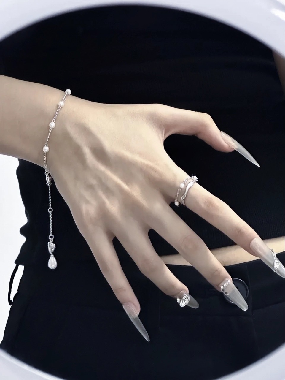 Charles & Keith 小CK Corrine 珍珠鏈條 開口戒 戒指 女戒 疉戴 銀色 / 預購