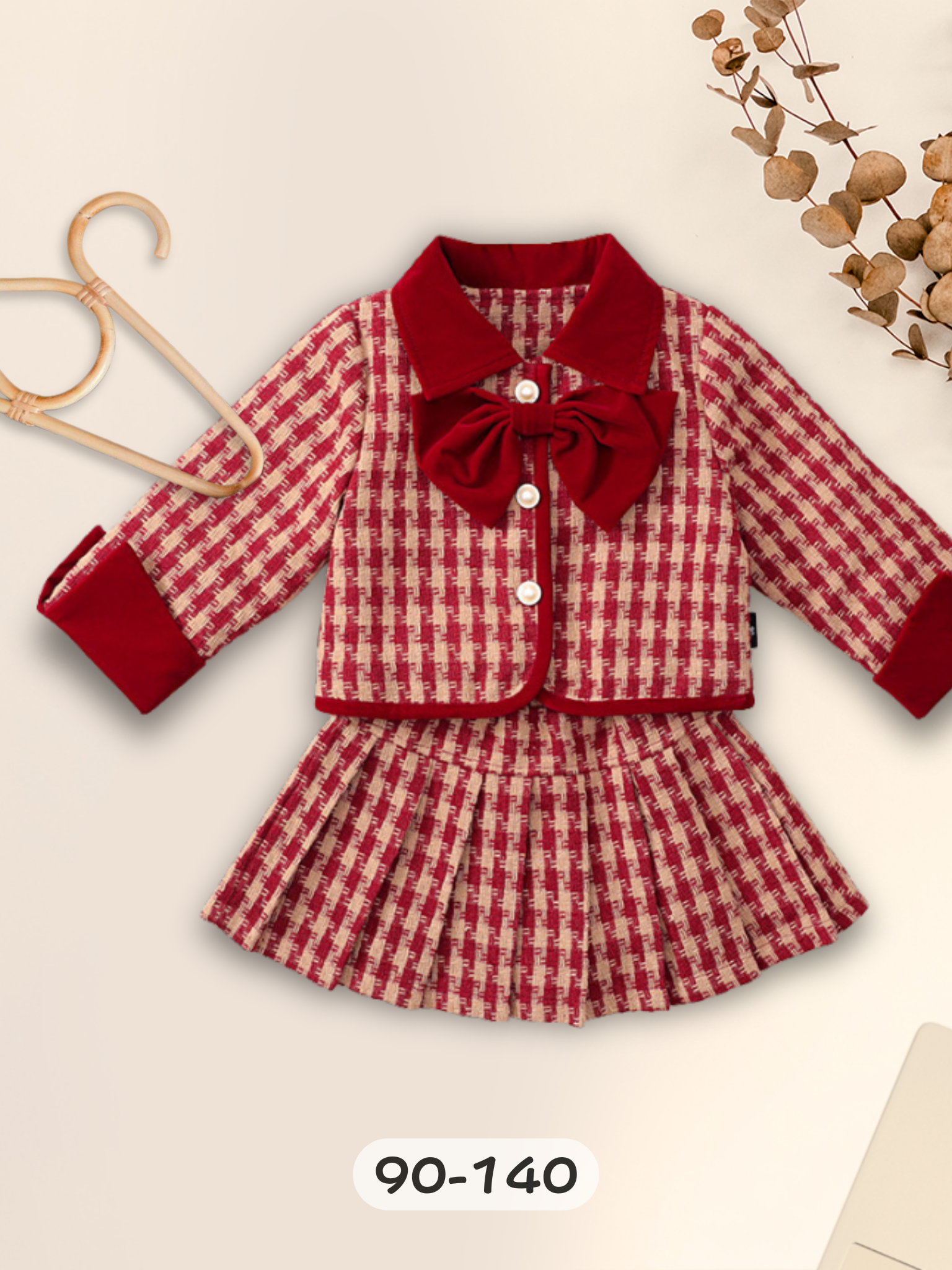 千鳥格蝴蝶結 長袖套裝2件組