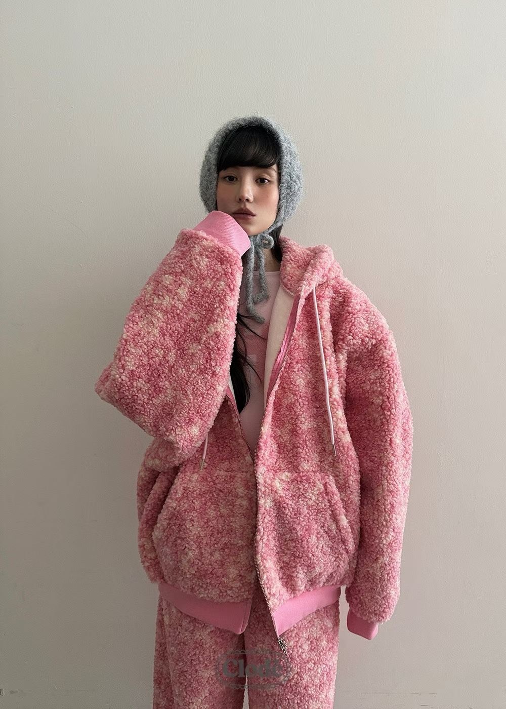 混色抓絨連帽夾克  長褲(分售)