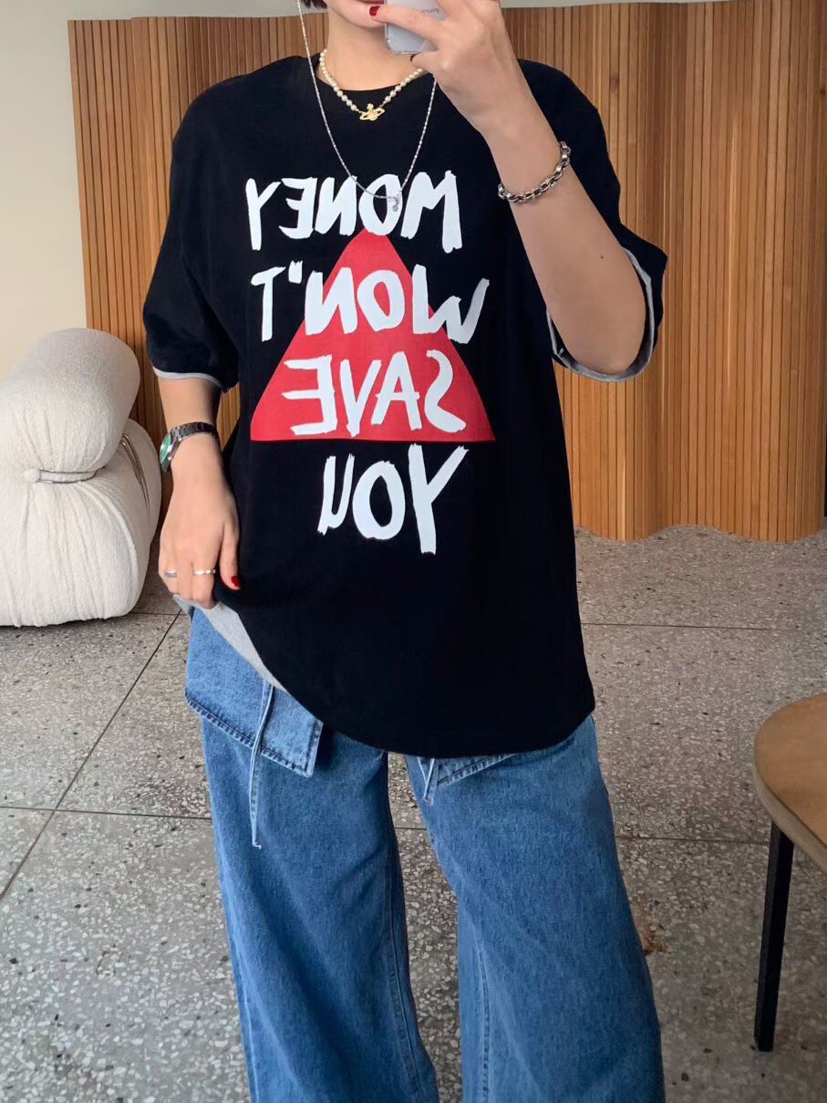 片語拼接邊寬版棉T