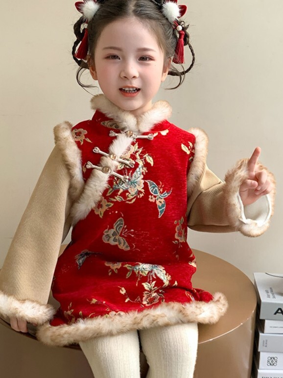 紅杏花蝶裳 中國風加絨連身裙