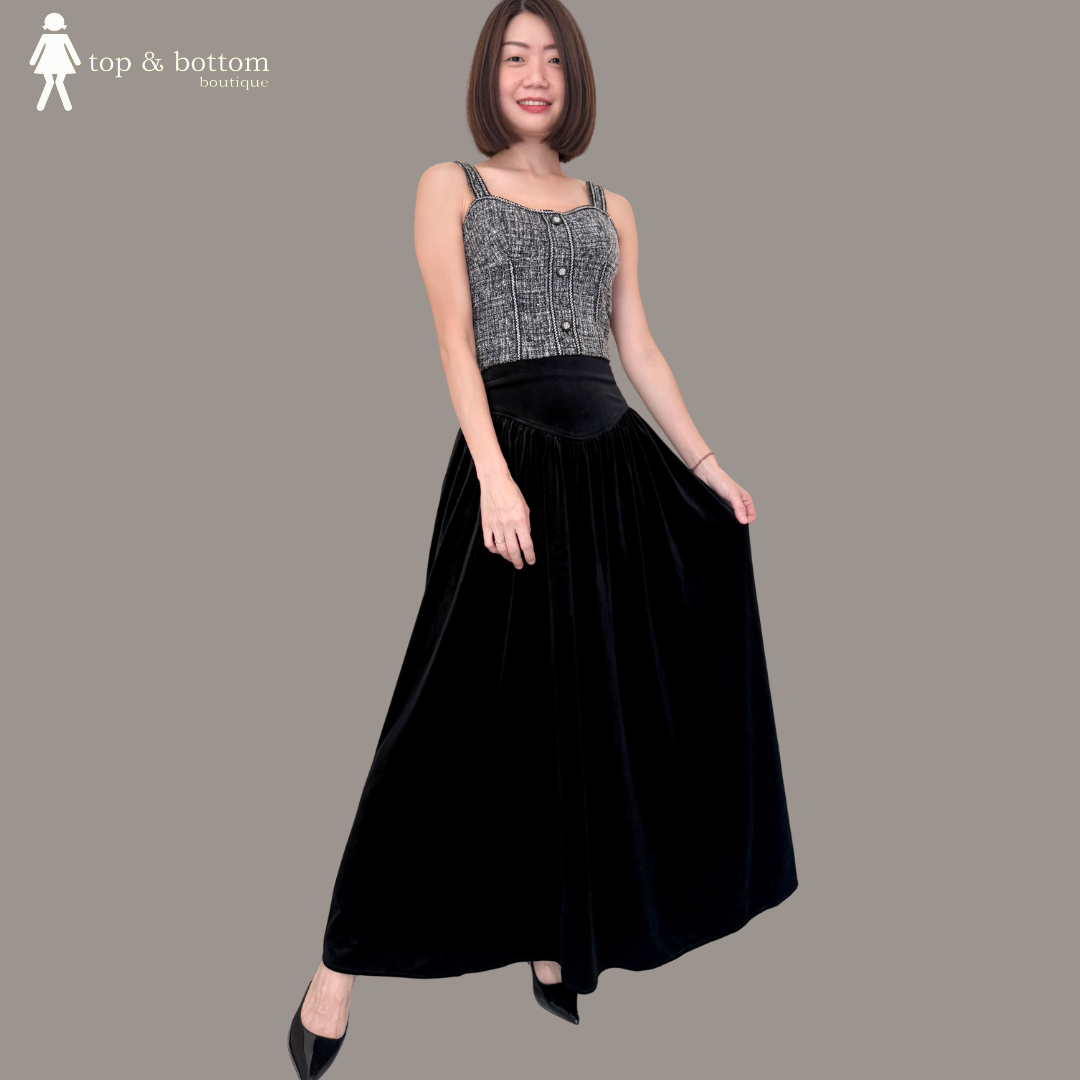 HIGH WAISTED VELVET ALINE LONG SKIRT