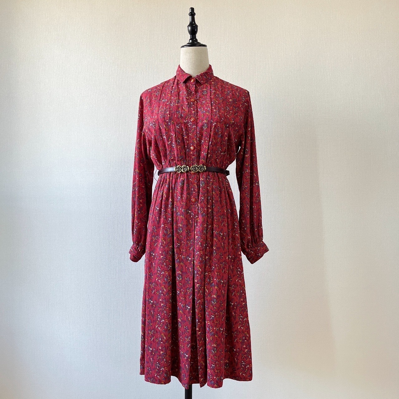 蕃茄紅色8-bit花花圖案古著連身裙