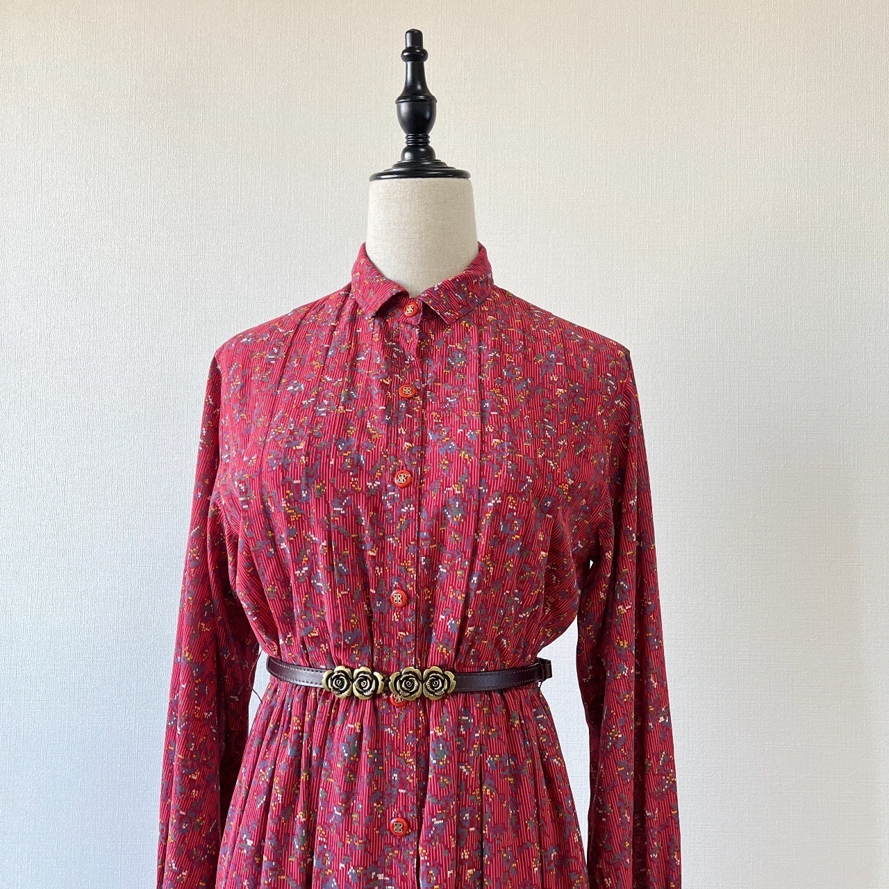 蕃茄紅色8-bit花花圖案古著連身裙