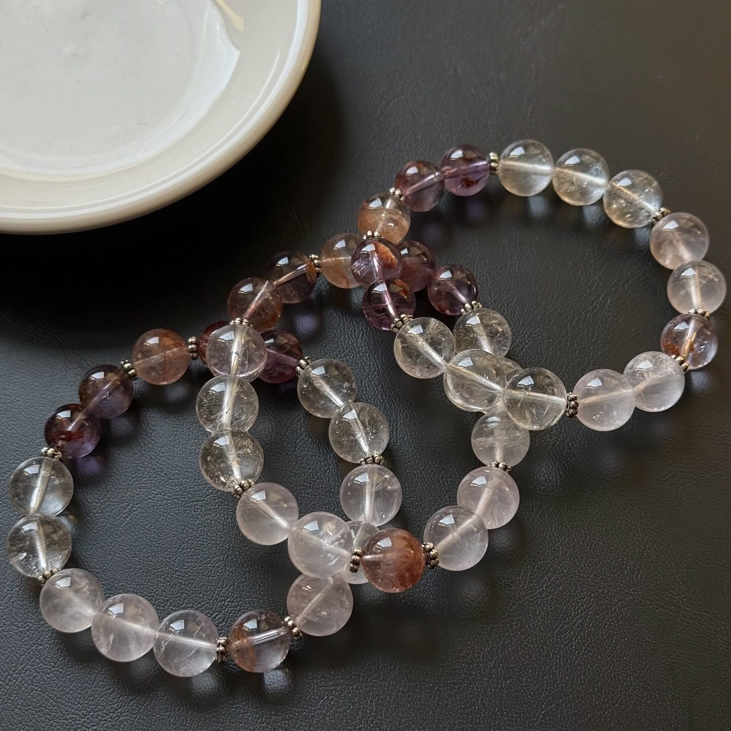 [原石] 紫幽靈水晶+星光粉晶+白水晶+骸骨紫晶 設計款手串