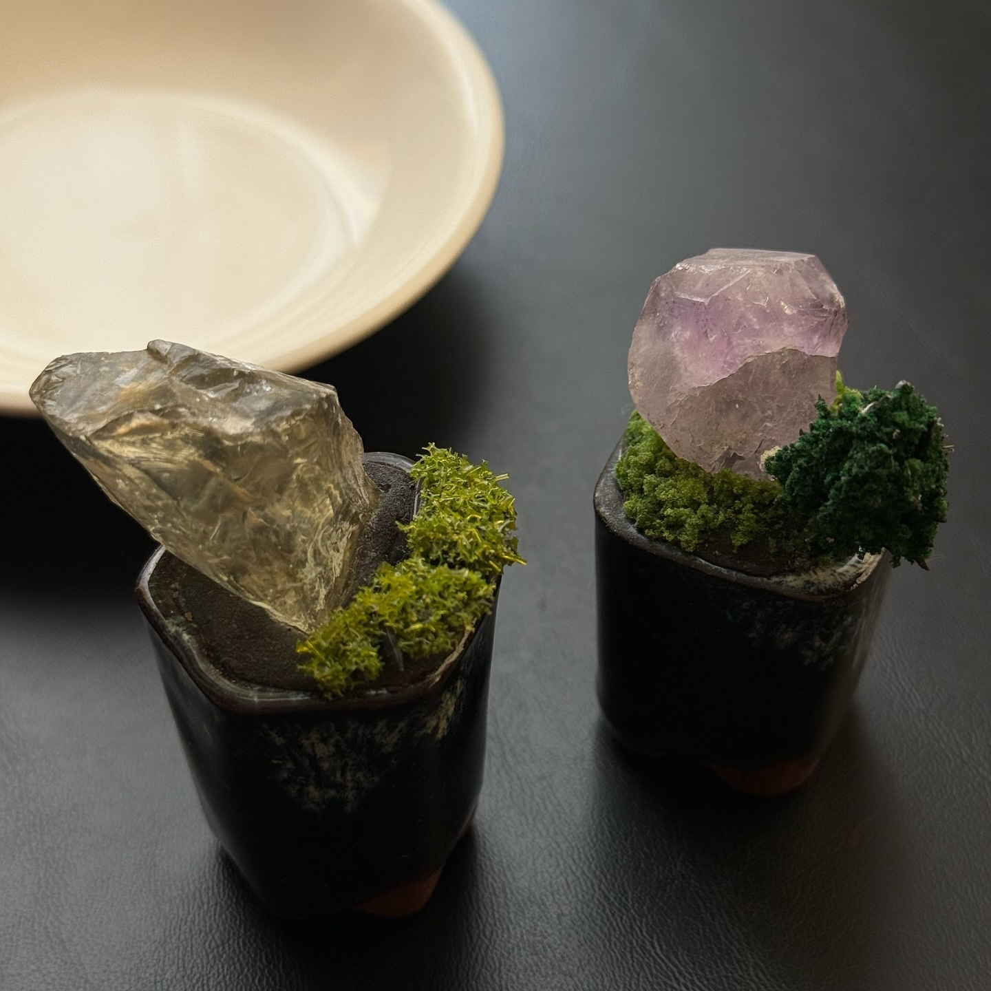 [原石] 黃水晶、紫水晶 小花盆 原礦水晶擺飾