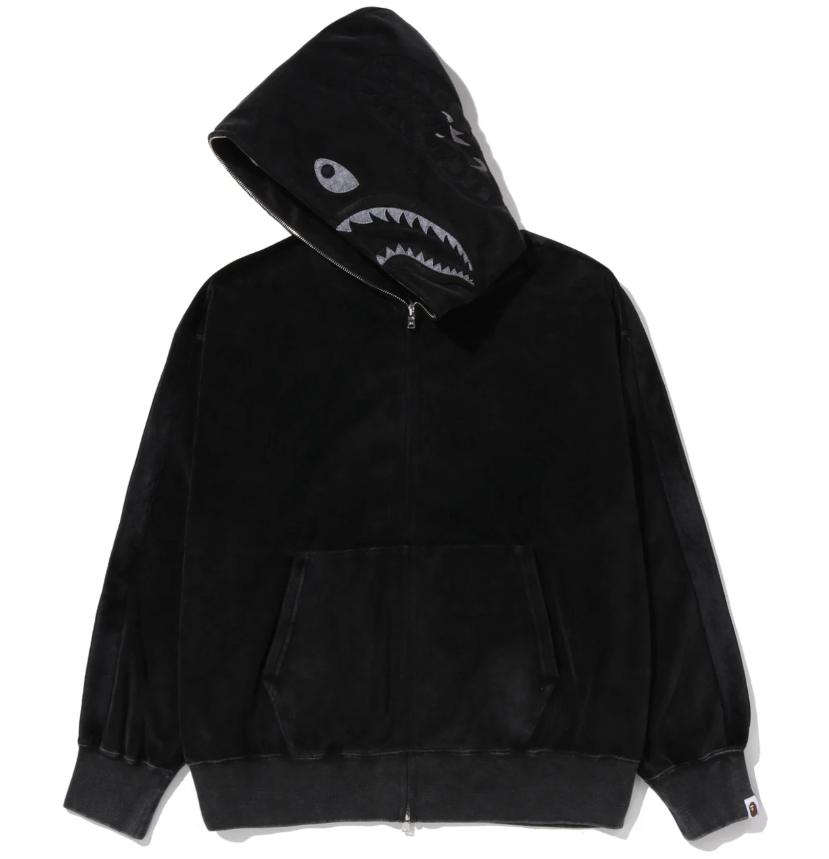 -(B4d01)-A BATHING APE BAPE SNOW WASH SHARK RELAXED FIT FULL ZIP HOODIE 絨布 雪洗 鯊魚外套 黑色/深藍-1L80115004