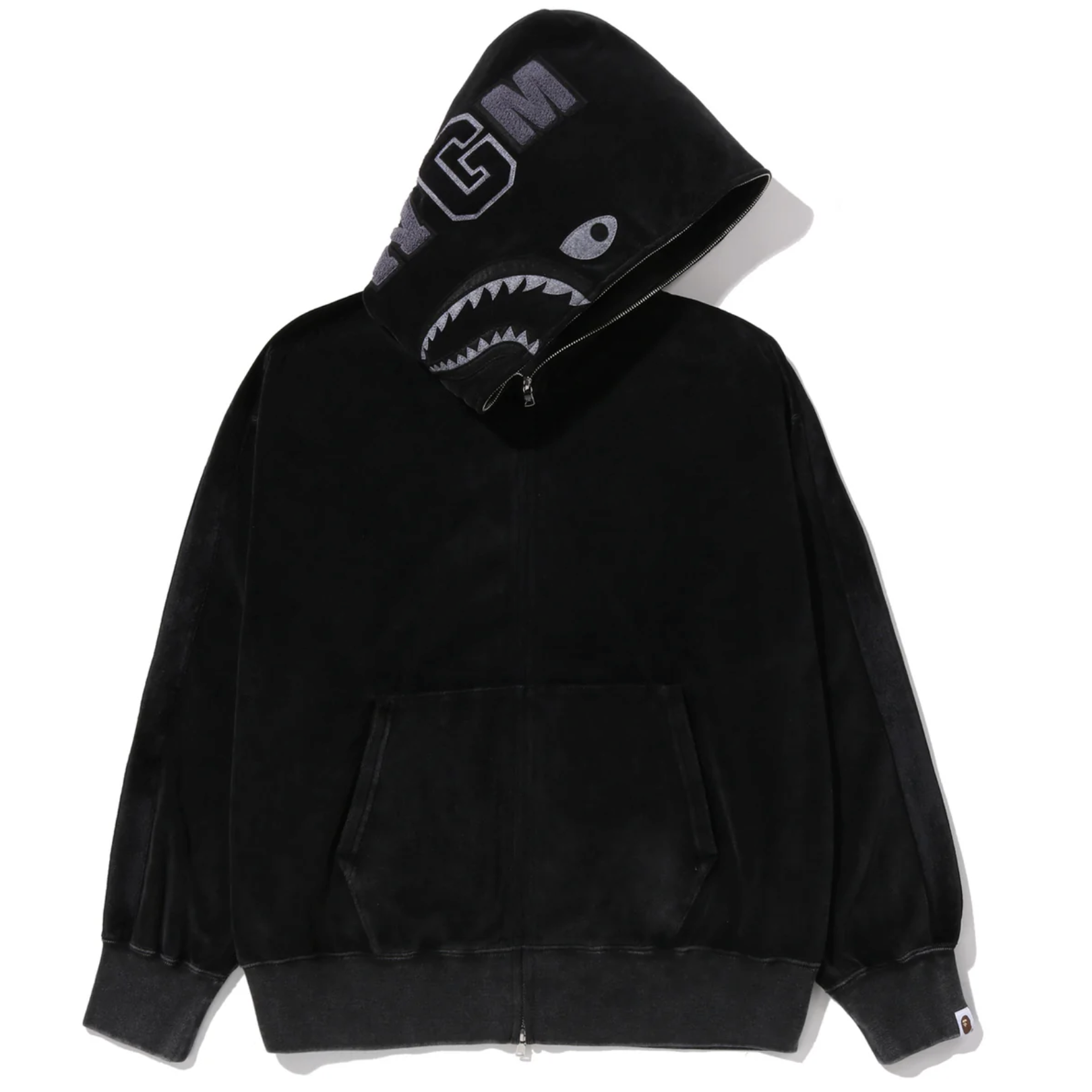 -(B4d01)-A BATHING APE BAPE SNOW WASH SHARK RELAXED FIT FULL ZIP HOODIE 絨布 雪洗 鯊魚外套 黑色/深藍-1L80115004