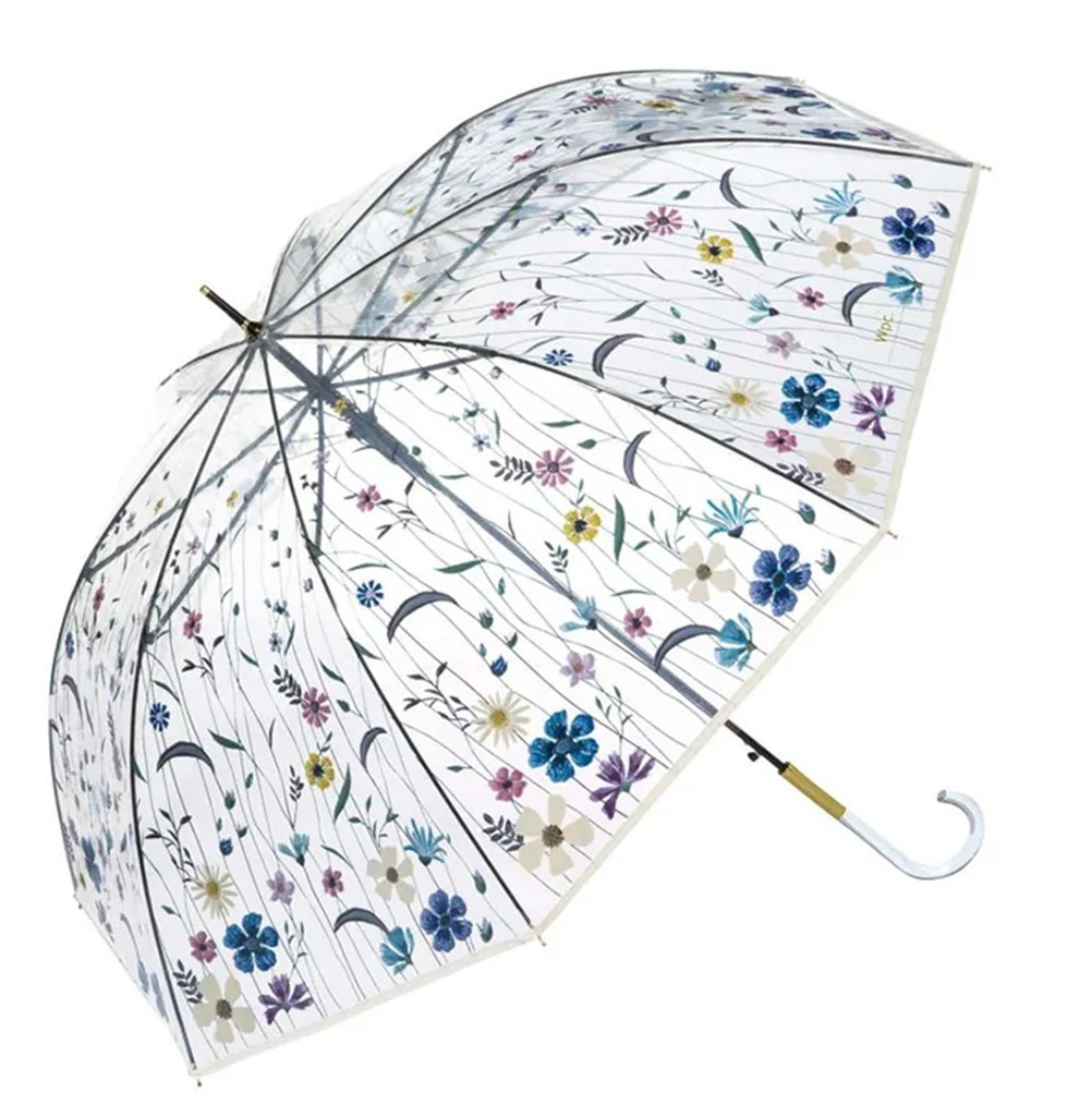 (5474) 刺綉風花花透明長雨傘藍色