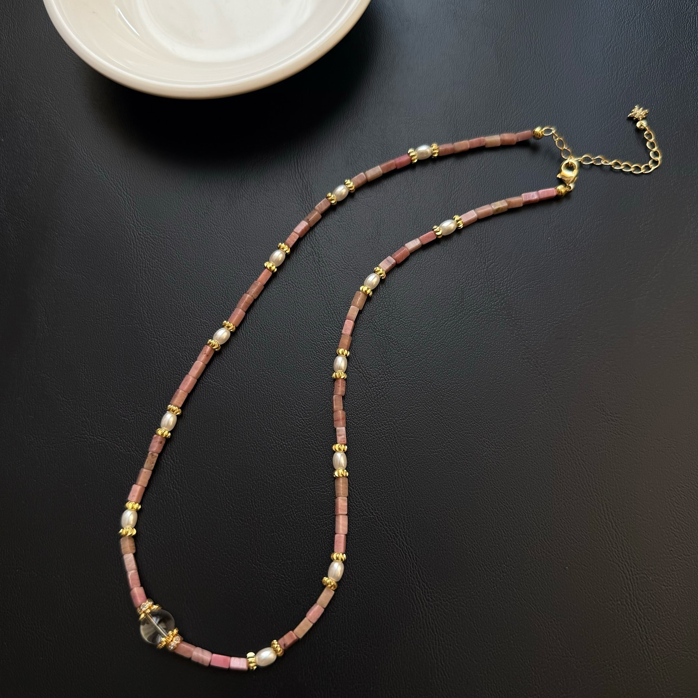 [原石] 薔薇輝石+白水晶 水晶項鍊