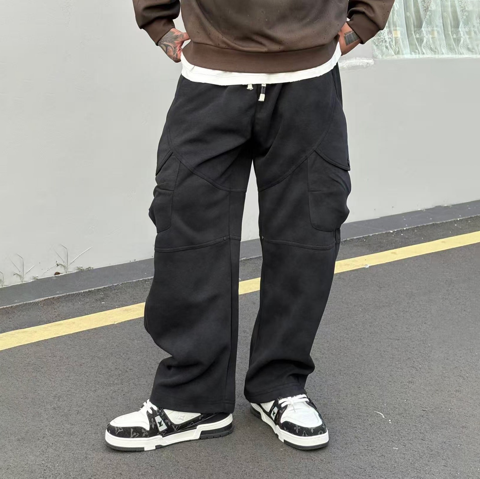 XCTRL 仿髒感多剪裁棉褲-黑