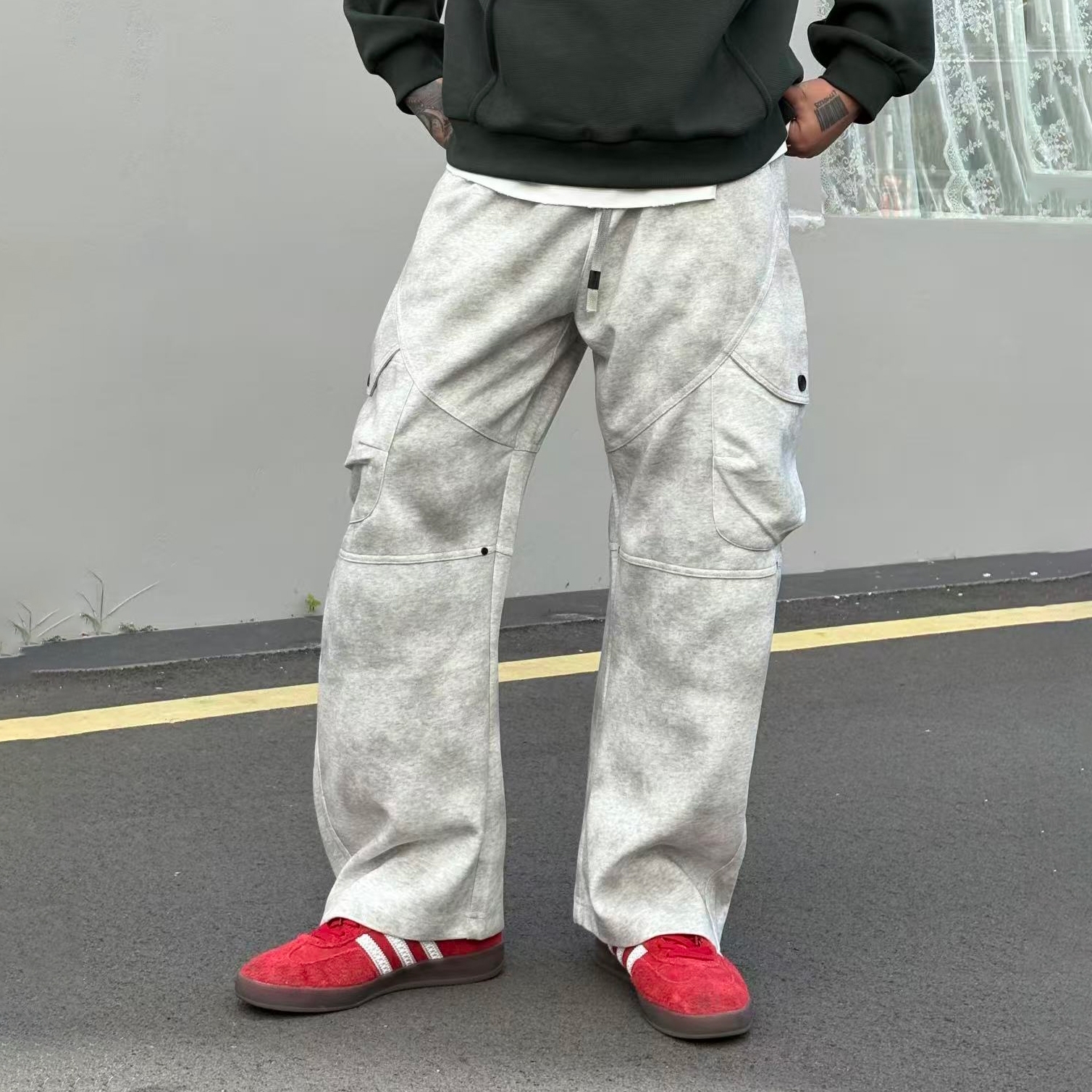 XCTRL 仿髒感多剪裁棉褲-灰