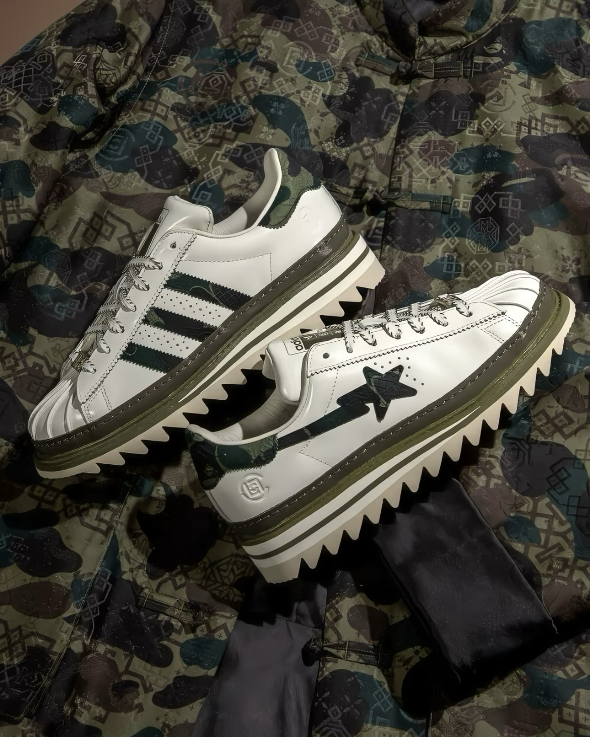 Adidas Originals SUPERSTAR x CLOT x BAPE 黑白 經典 貝殼頭 三方聯名 厚底 男女同款