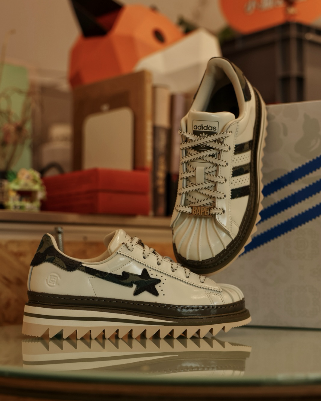 Adidas Originals SUPERSTAR x CLOT x BAPE 黑白 經典 貝殼頭 三方聯名 厚底 男女同款