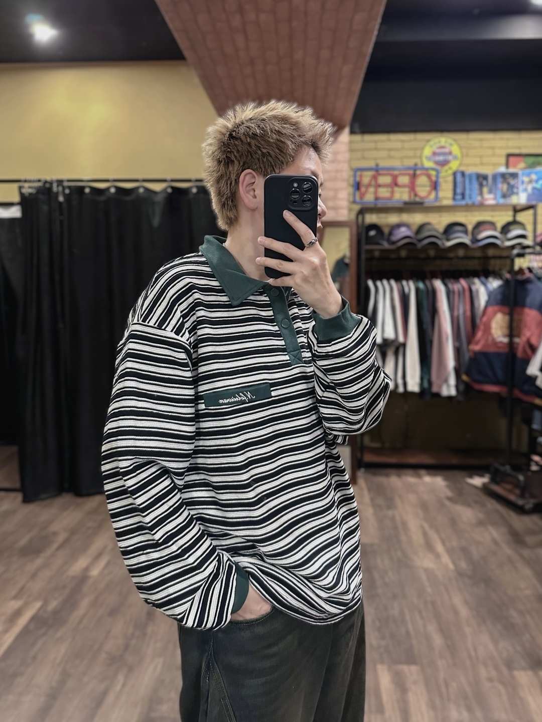 立體紋理長袖撞色POLO衫