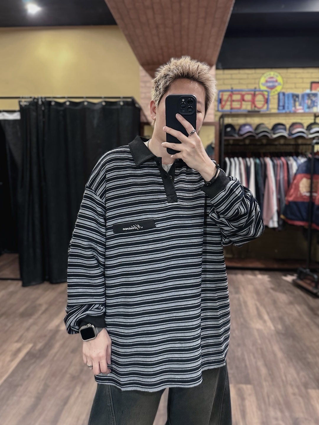 立體紋理長袖撞色POLO衫