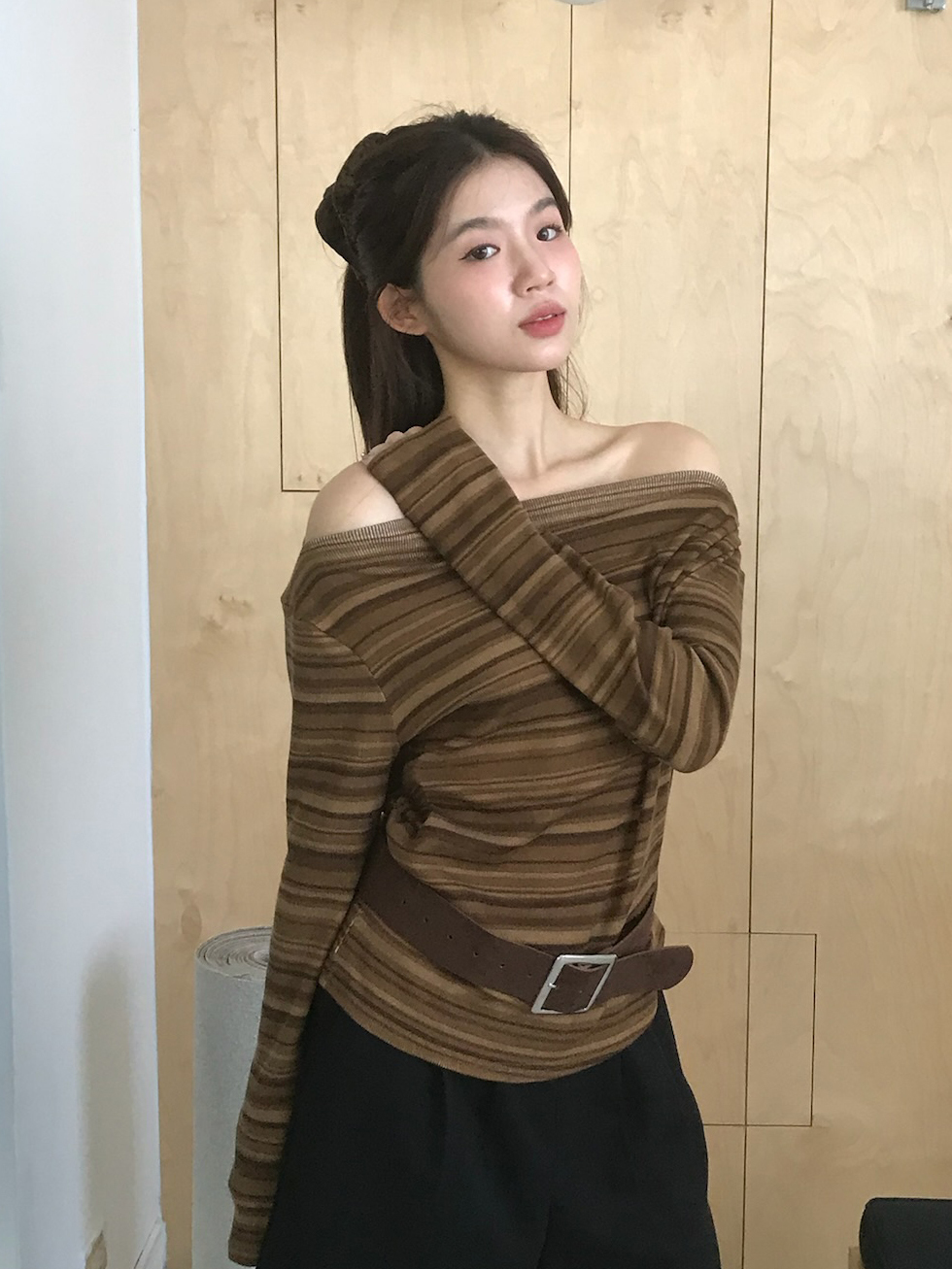 Off-Shoulder Belt Shirring Tee #上衣