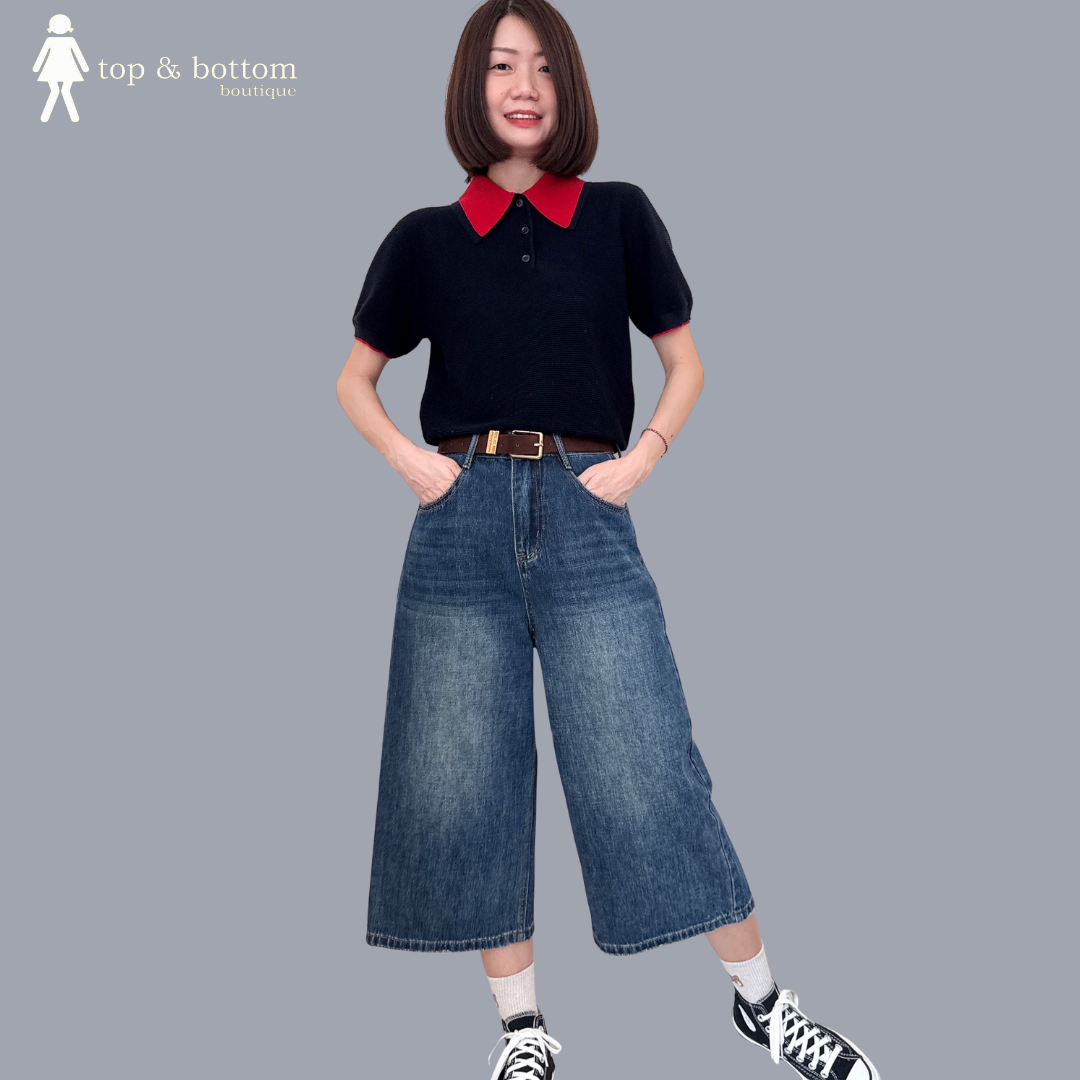 SHORT SLEEVE TWO TONE COLLARED KNIT BLOUSE