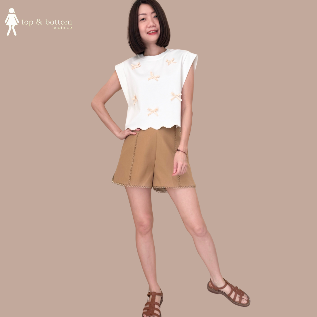 V SLEEVE 3D RIBBON RAYON BLOUSE